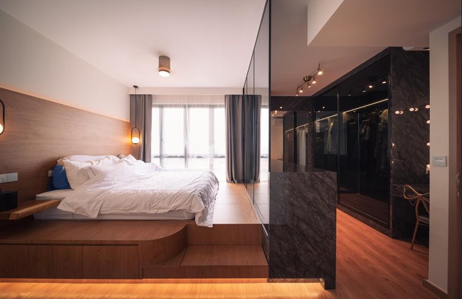 Modern Bedroom with Platform Bed and Vinyl Flooring