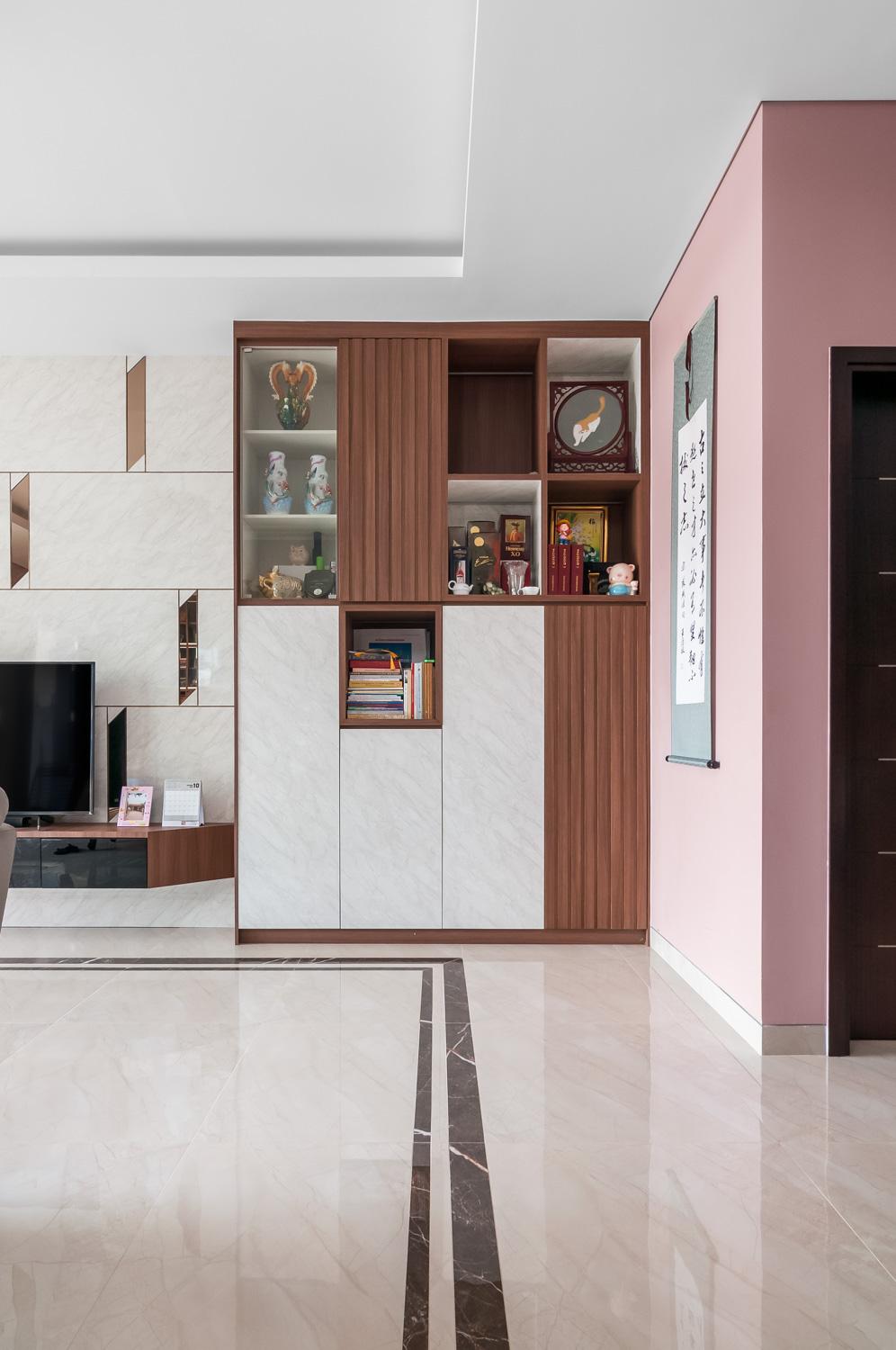 Asian Living Room with Bookshelf and Marble Floor