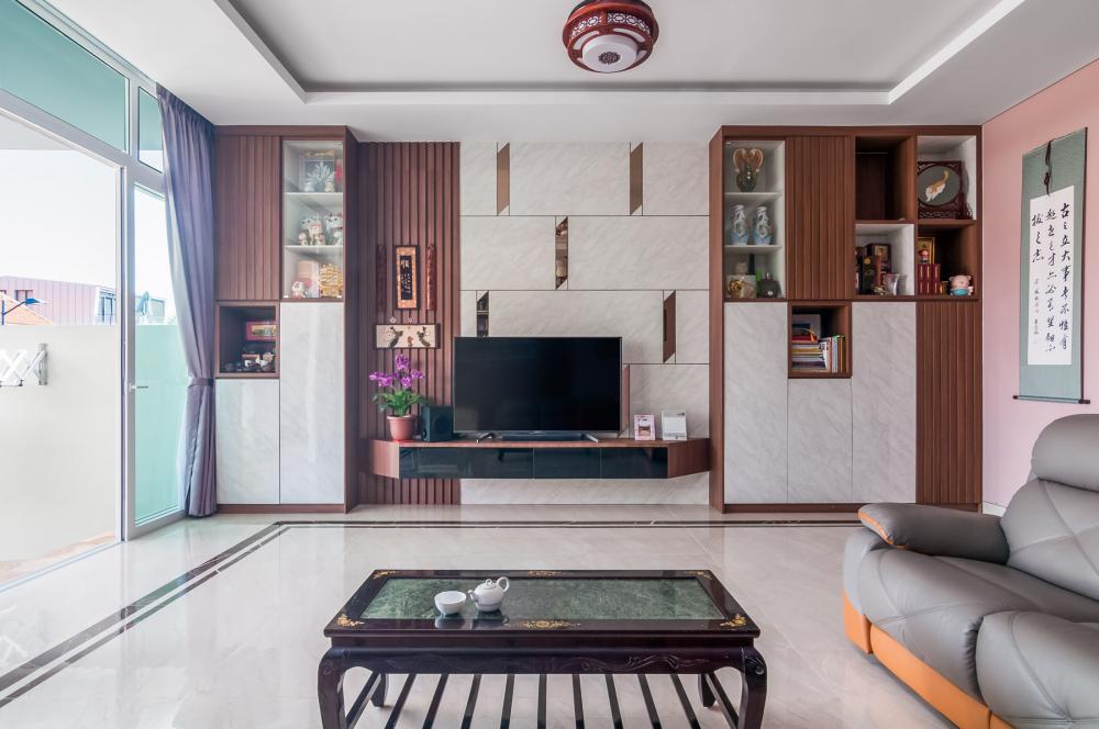 Asian Living Room with Bookshelf and Marble Floor