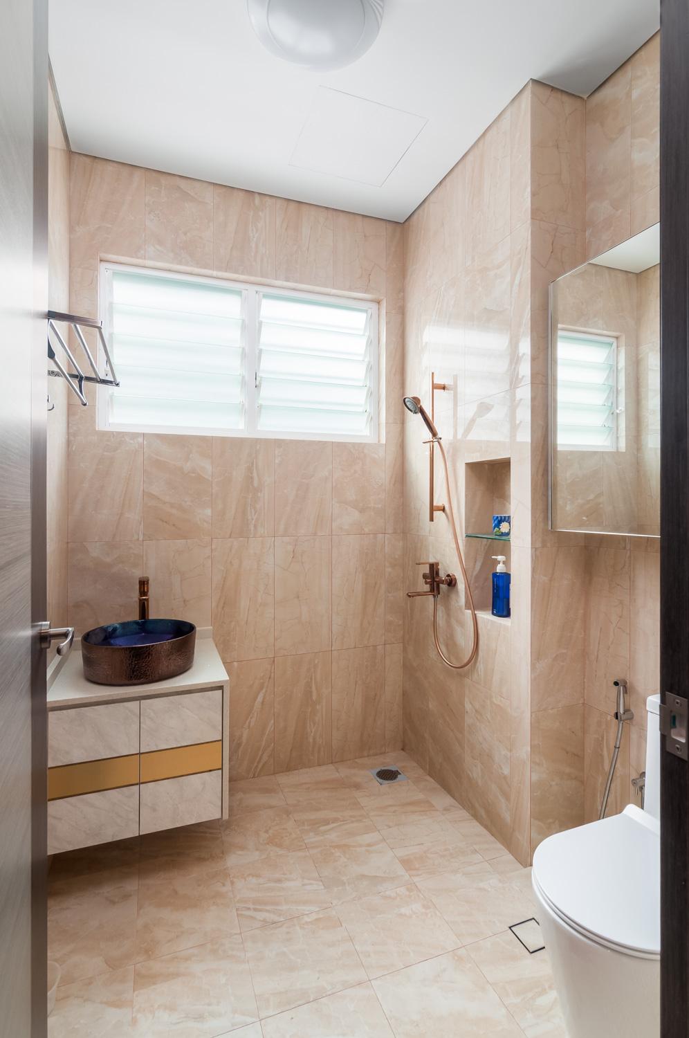 Asian Bathroom with Mirror and Bathroom Storage