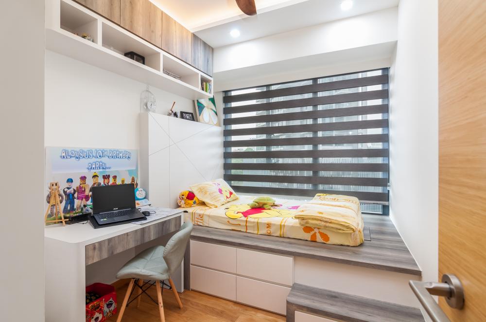 Contemporary Kids Room with Bookshelf and Platform Bed