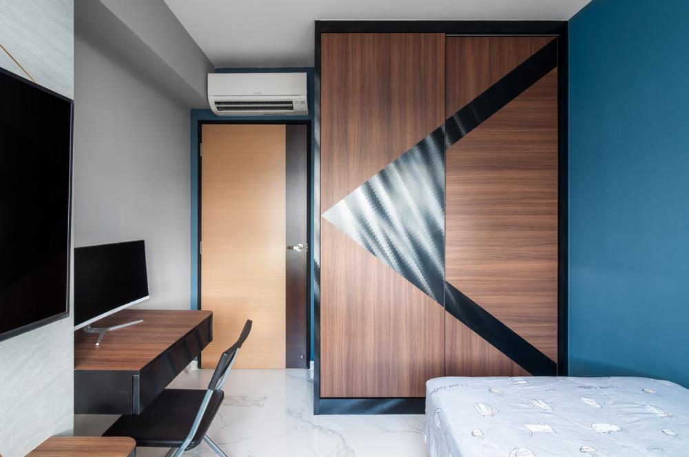 Eclectic Bedroom with TV Console and Feature Wall