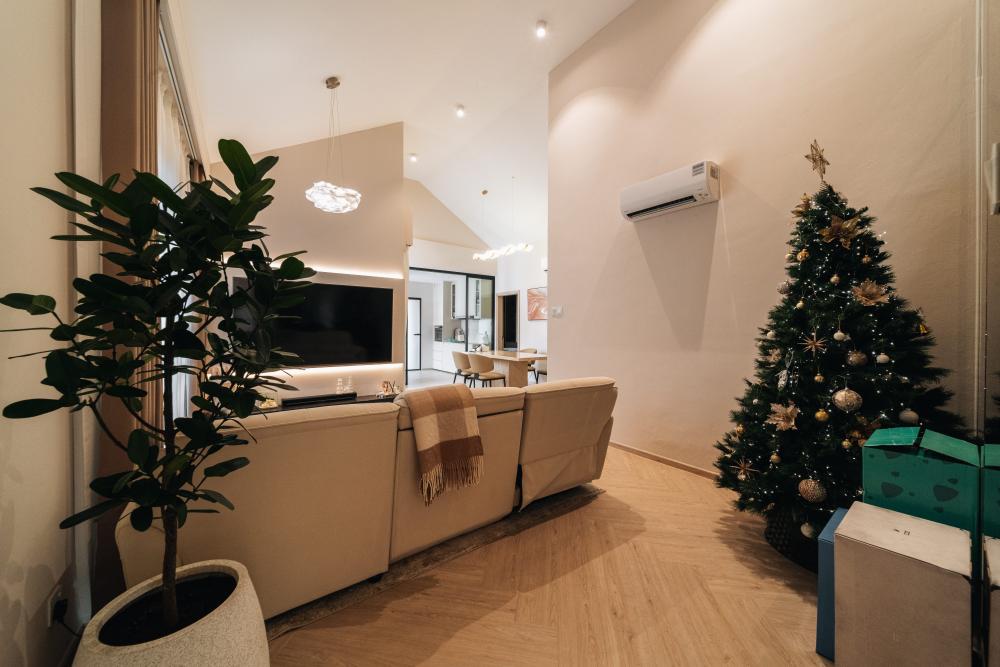 Contemporary Living Room with Herringbone Tiling and TV Console