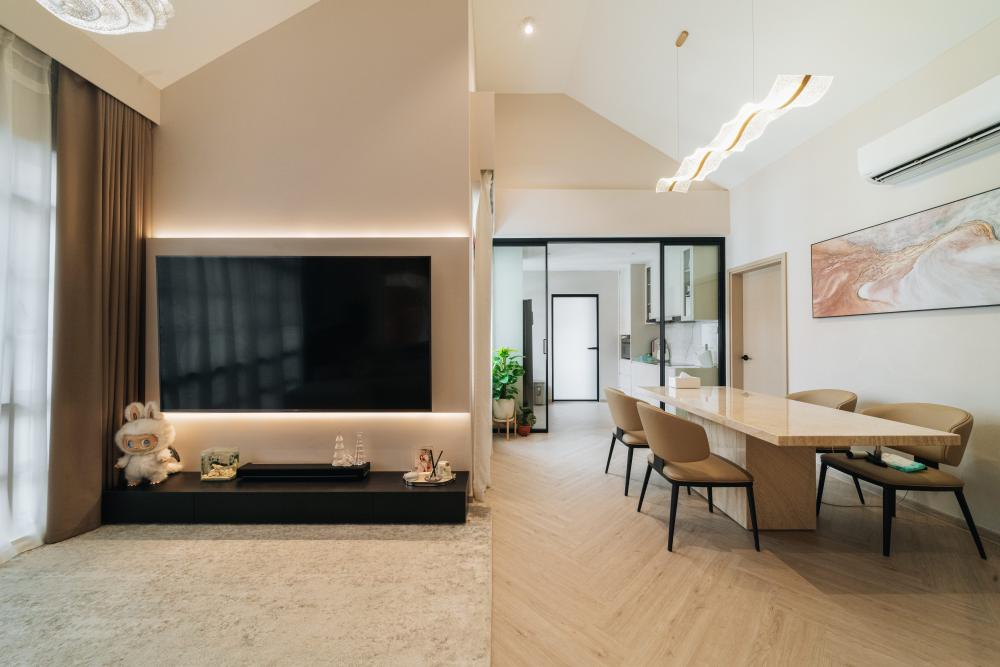 Contemporary Living Room with Herringbone Tiling and TV Console