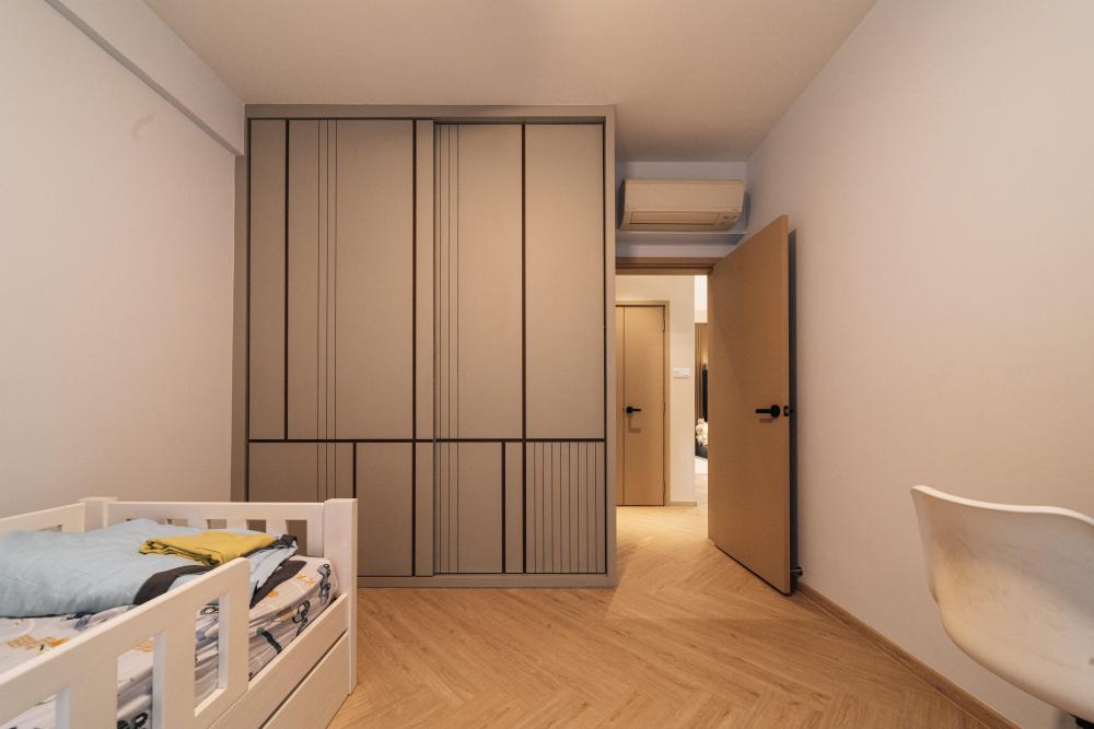 Contemporary Bedroom with Herringbone Tiling and Ceiling Light