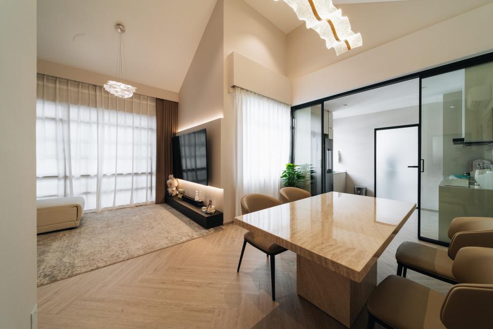 Contemporary Dining Room with Drop Light and Dining Table
