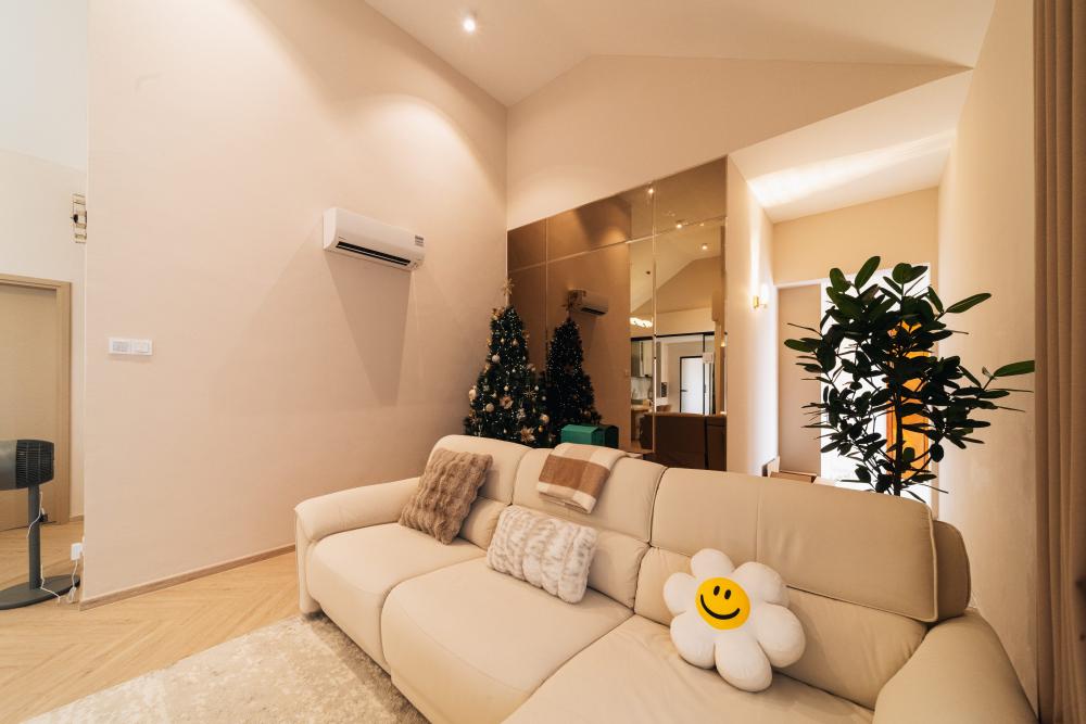 Contemporary Living Room with Herringbone Tiling and Mirror