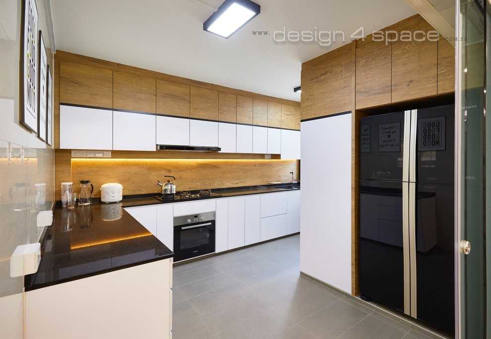Modern Kitchen with Homogeneous Tiles and Kitchen Accessories