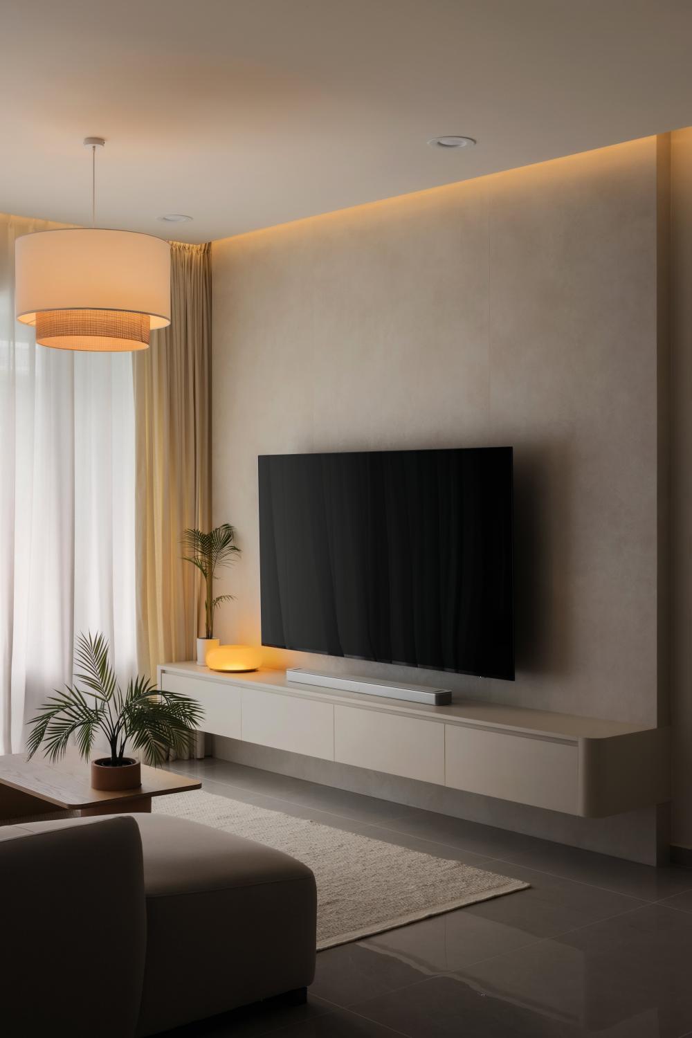 Modern Living Room with TV Console and Ceiling Light