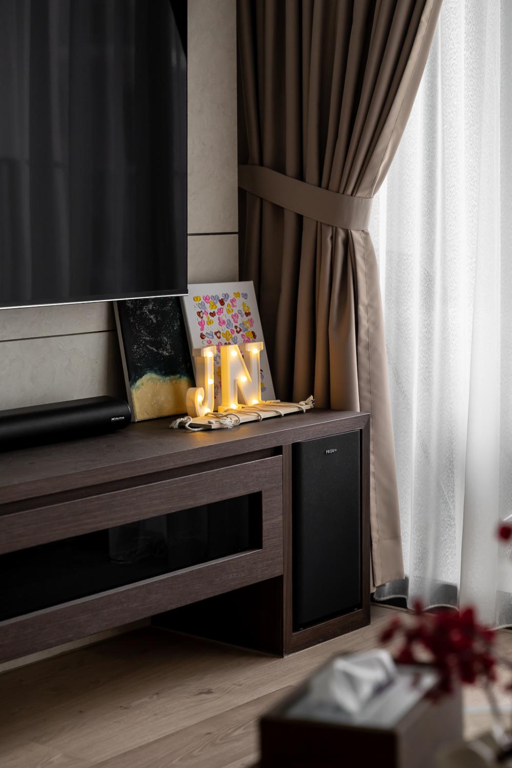 Transitional Living Room with Homogeneous Tiles and TV Console