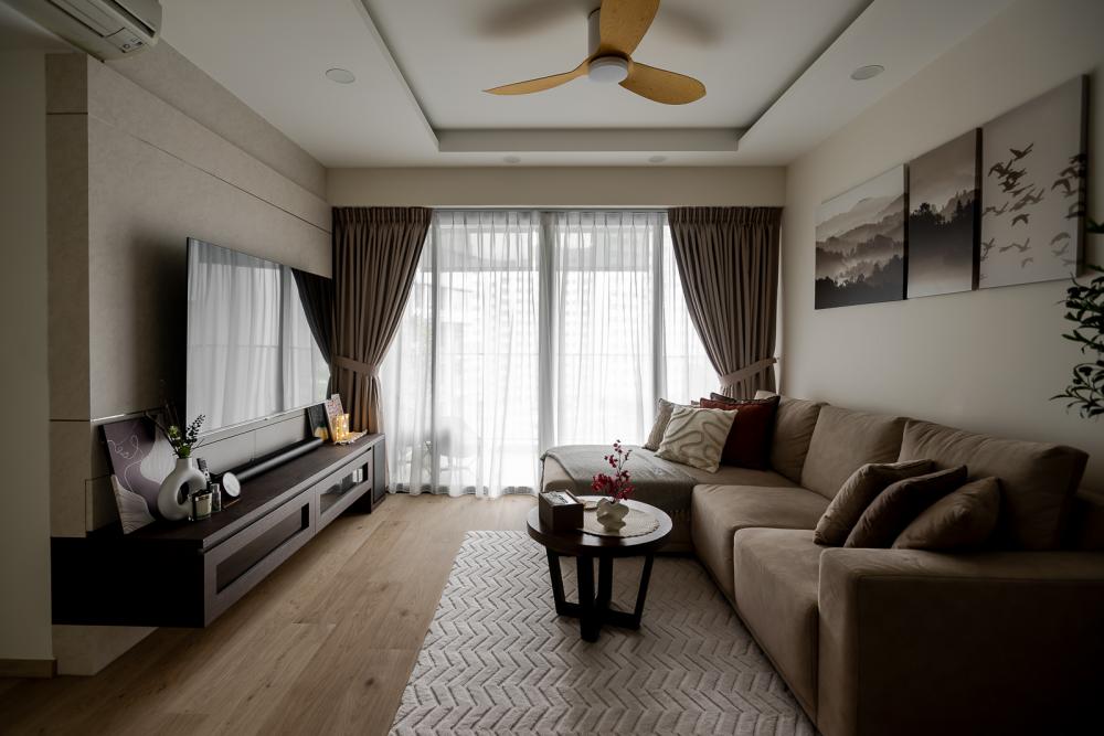 Transitional Living Room with Homogeneous Tiles and Drop Light