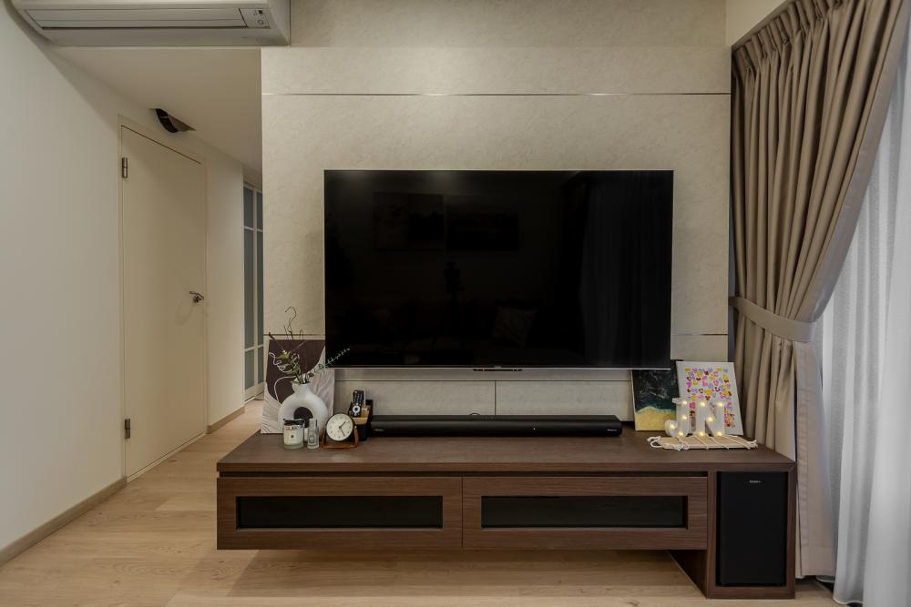 Transitional Living Room with Homogeneous Tiles and TV Console