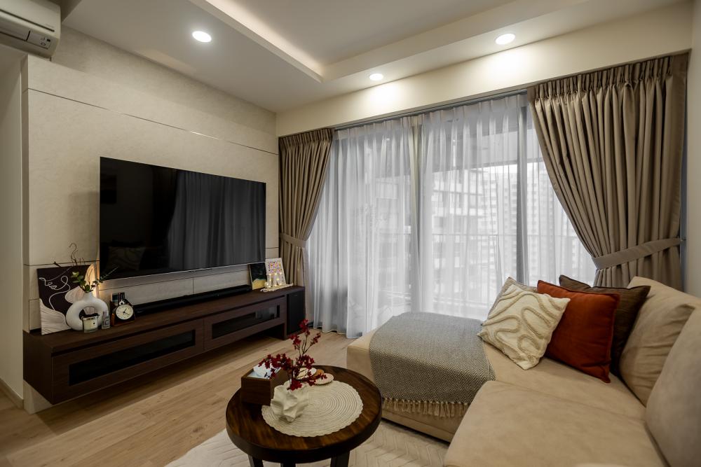 Transitional Living Room with Homogeneous Tiles and TV Console