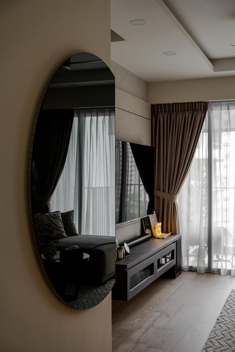 Transitional Living Room with Homogeneous Tiles and TV Console