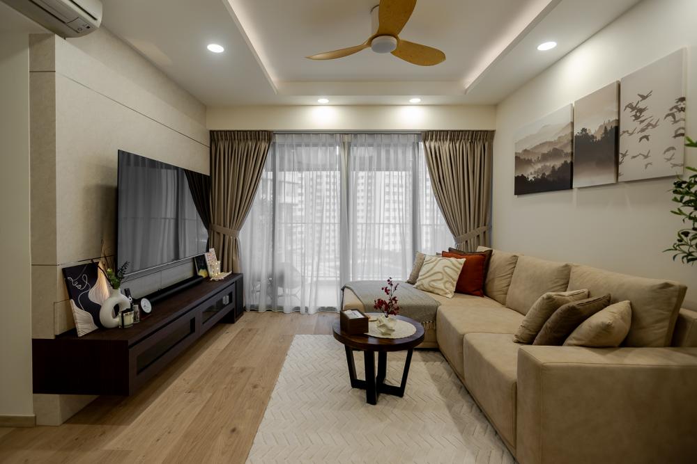 Transitional Living Room with Homogeneous Tiles and Drop Light
