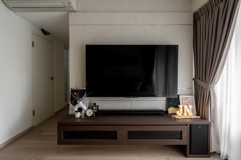 Transitional Living Room with Homogeneous Tiles and TV Console