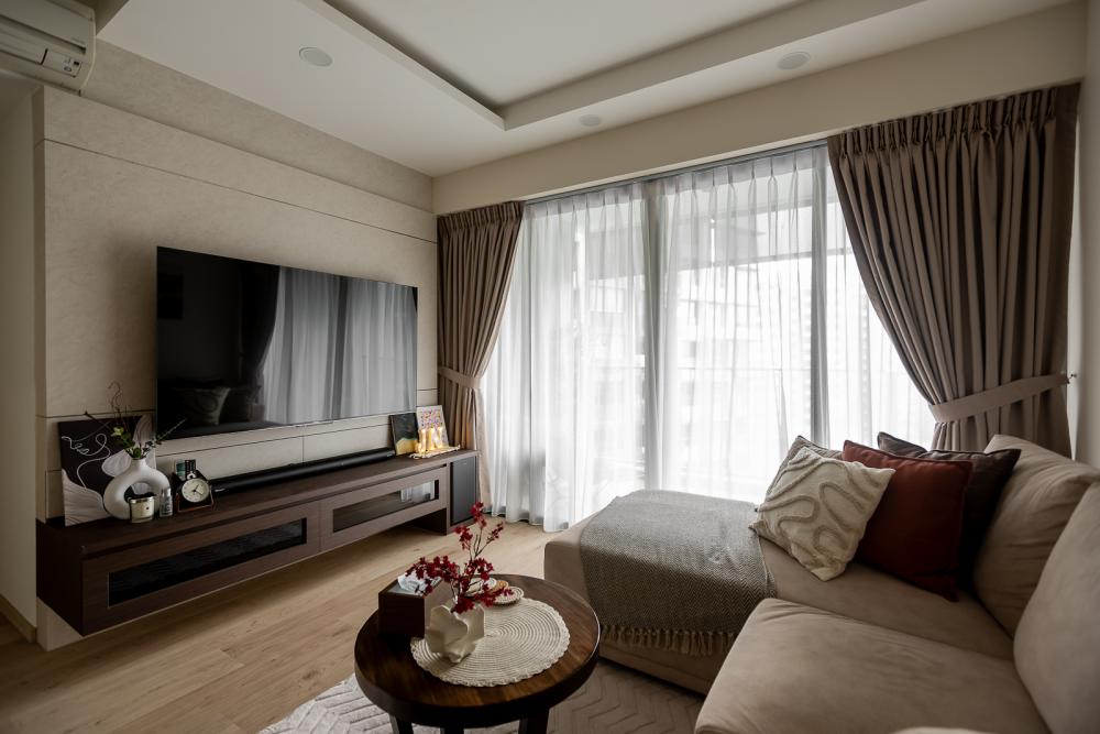 Transitional Living Room with Homogeneous Tiles and TV Console