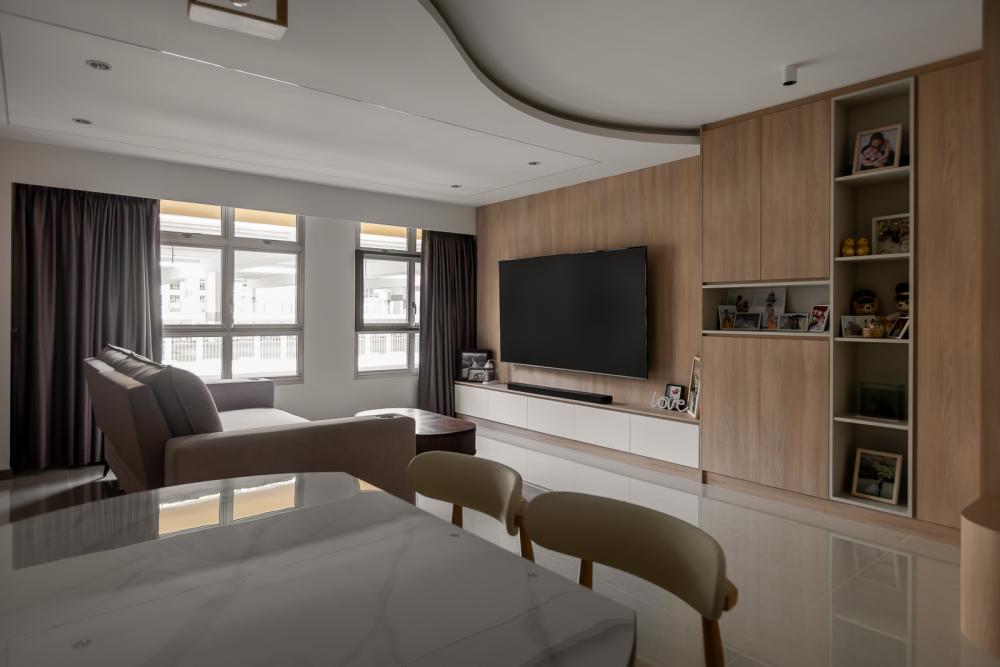 Scandinavian Living Room with Homogeneous Tiles and TV Console
