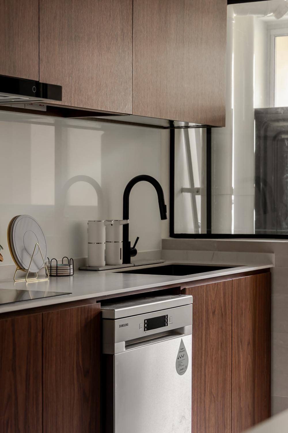 Scandinavian Kitchen with Countertop and Homogeneous Tiles