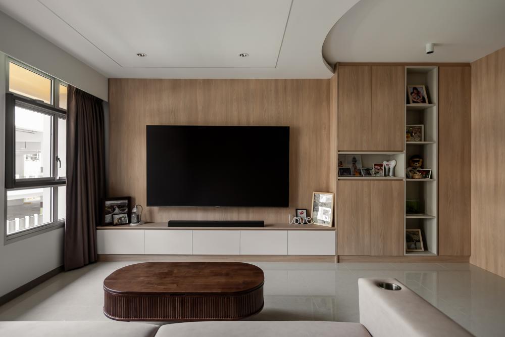 Scandinavian Living Room with Homogeneous Tiles and TV Console