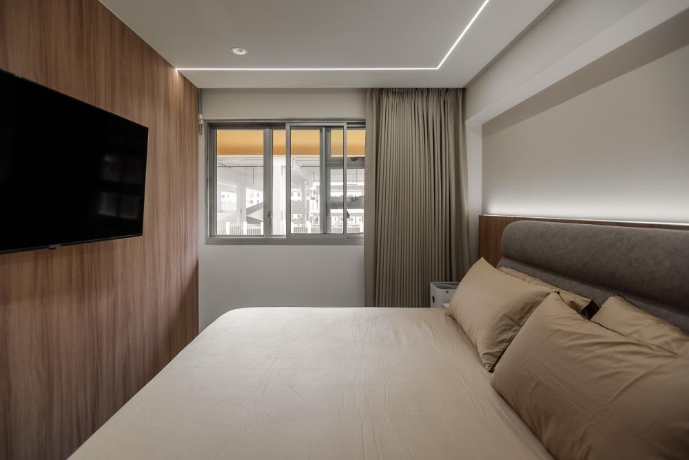 Scandinavian Bedroom with Wardrobe and Curtain