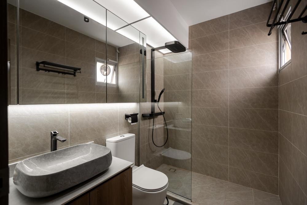 Scandinavian Bathroom with Countertop and Homogeneous Tiles