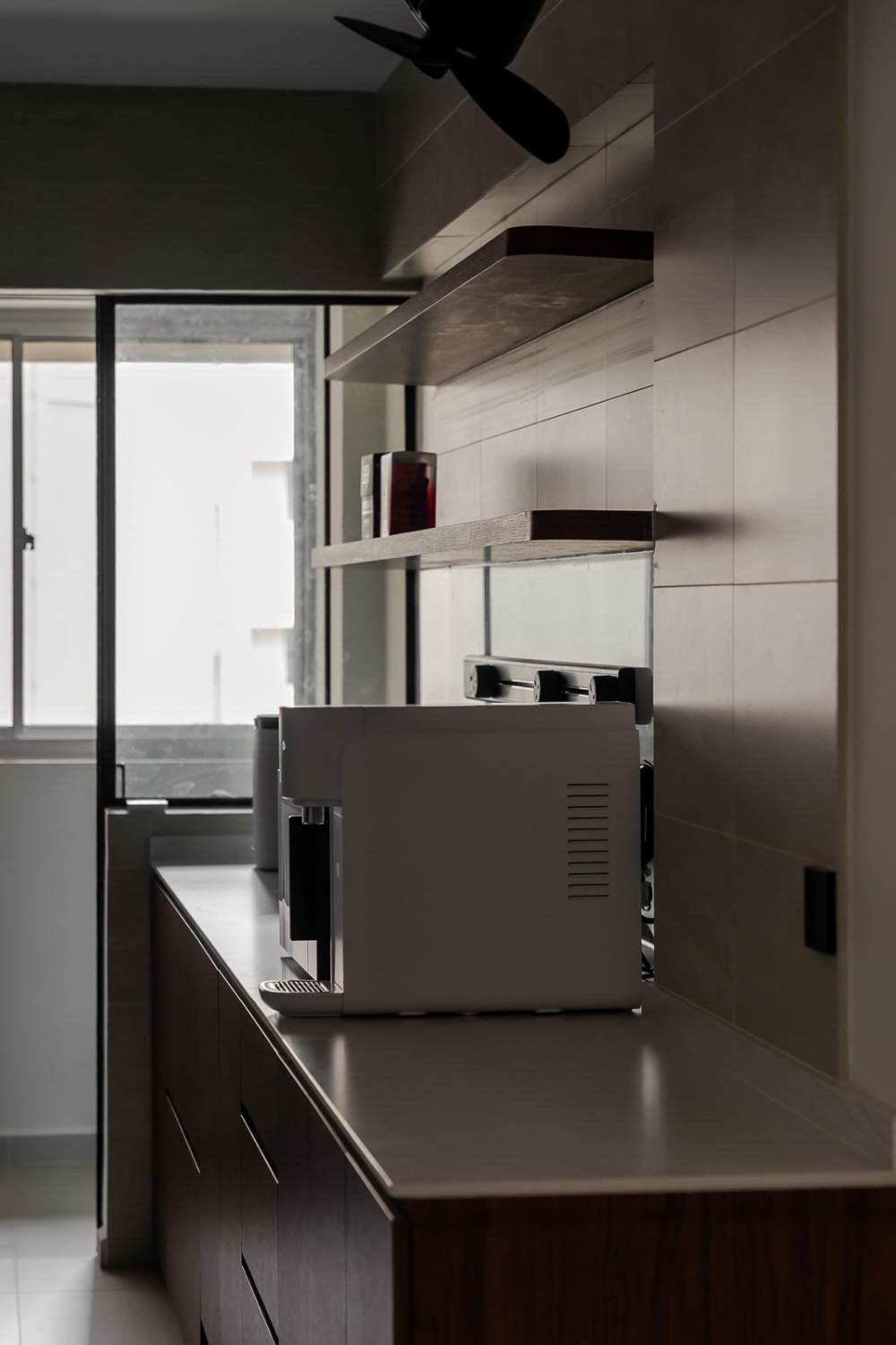 Scandinavian Kitchen with Countertop and Homogeneous Tiles