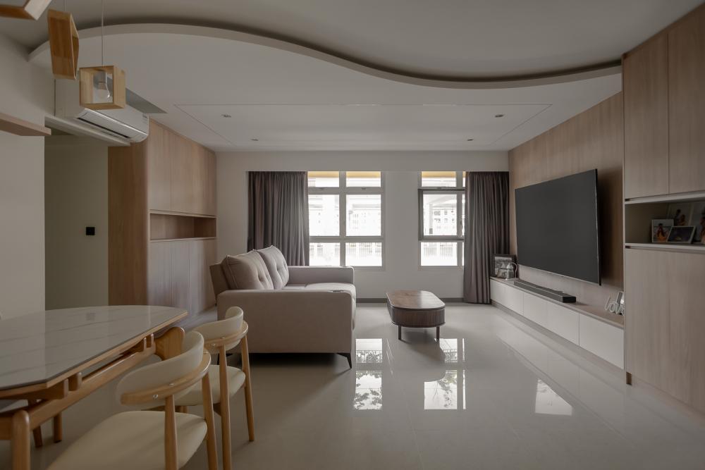 Scandinavian Living Room with Homogeneous Tiles and TV Console