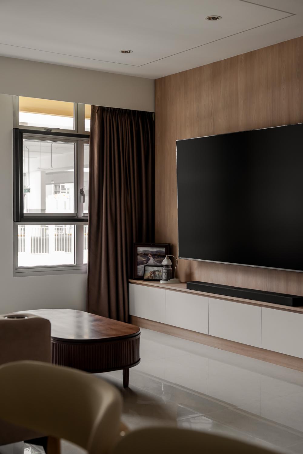 Scandinavian Living Room with Homogeneous Tiles and TV Console