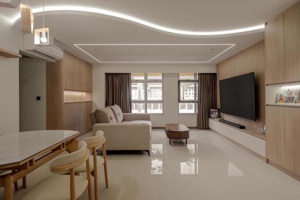 Scandinavian Living Room with Homogeneous Tiles and Feature Wall