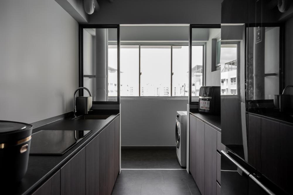 Industrial Kitchen with Homogeneous Tiles and Kitchen Window