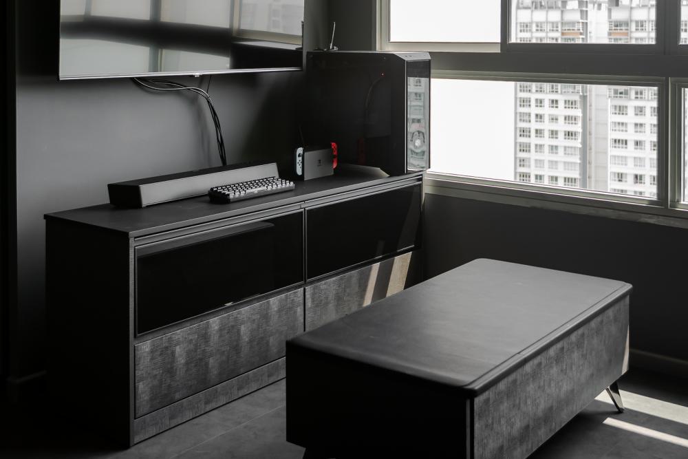 Industrial Living Room with Homogeneous Tiles and TV Console