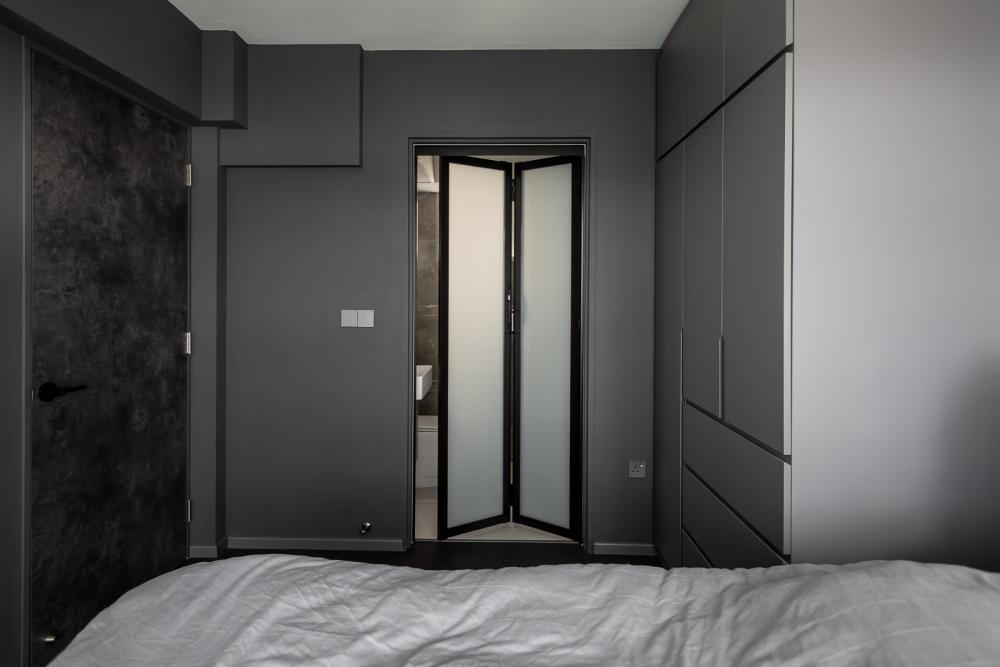 Industrial Bedroom with Homogeneous Tiles and Wardrobe