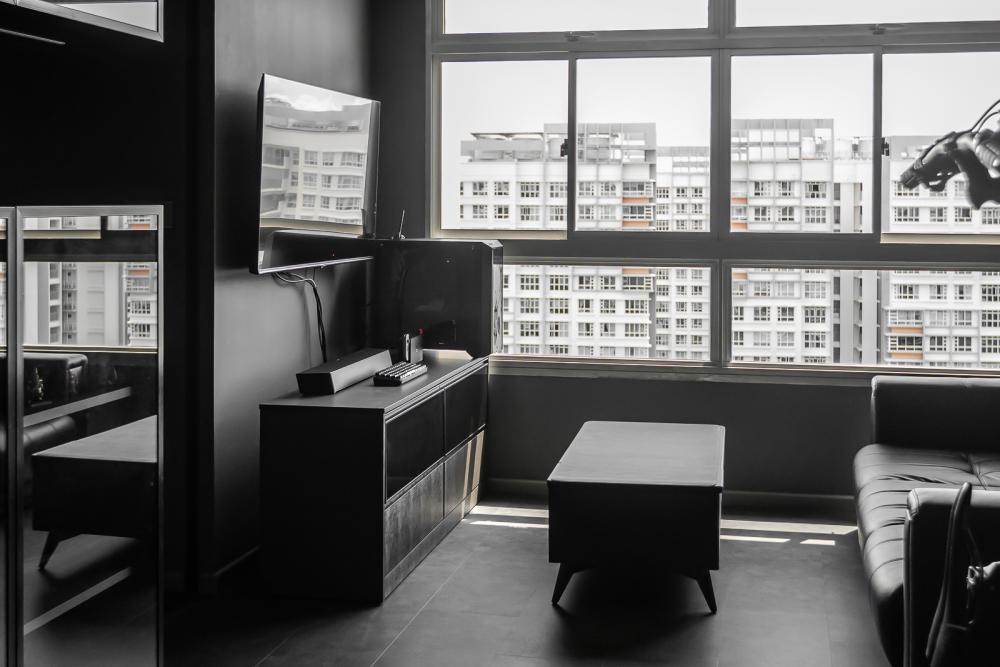 Industrial Living Room with Homogeneous Tiles and TV Console