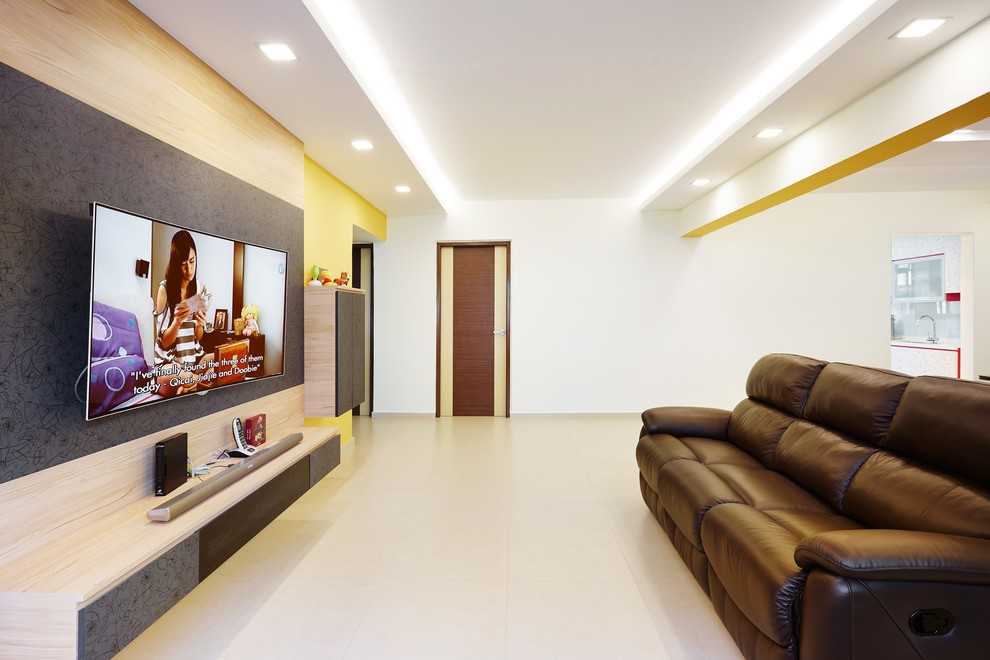 Asian Living Room with Granite Floor and Wood Flooring