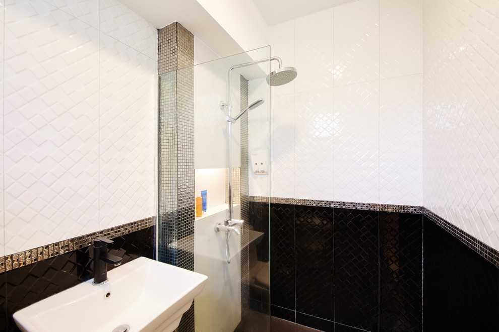 Asian Bathroom with Wood Flooring and Mirror