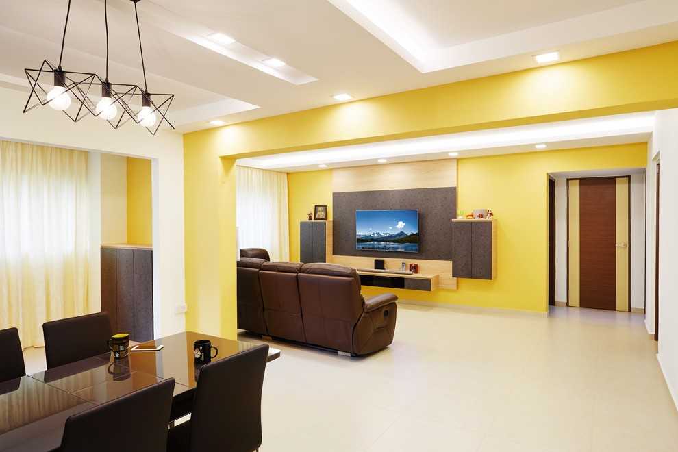 Asian Living Room with TV Console and Drop Light