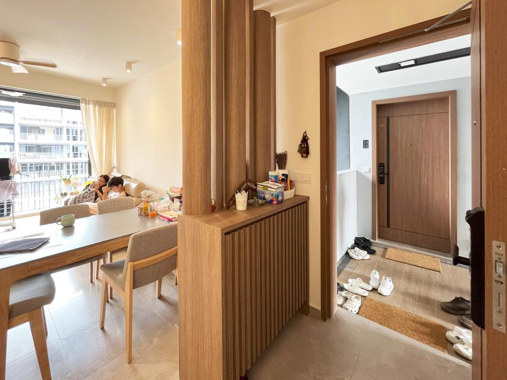 Asian Entryway with Seating Bench and Shoe Rack