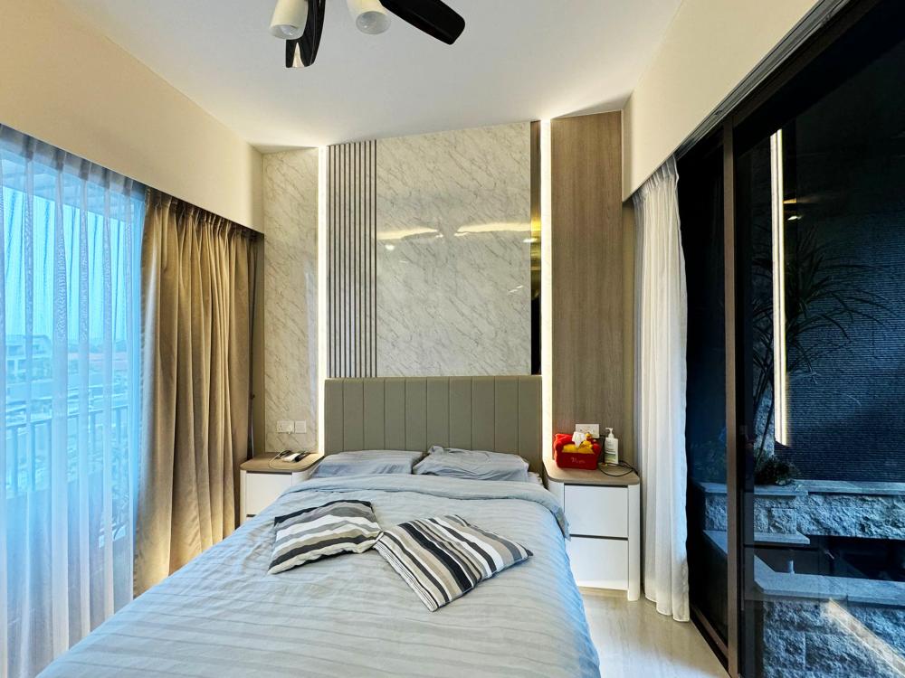 Modern Bedroom with Bookshelf and Platform Bed
