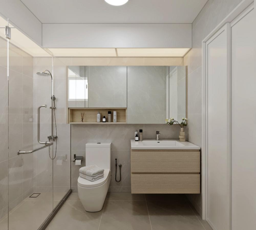 Modern Bathroom with Countertop and Herringbone Tiling