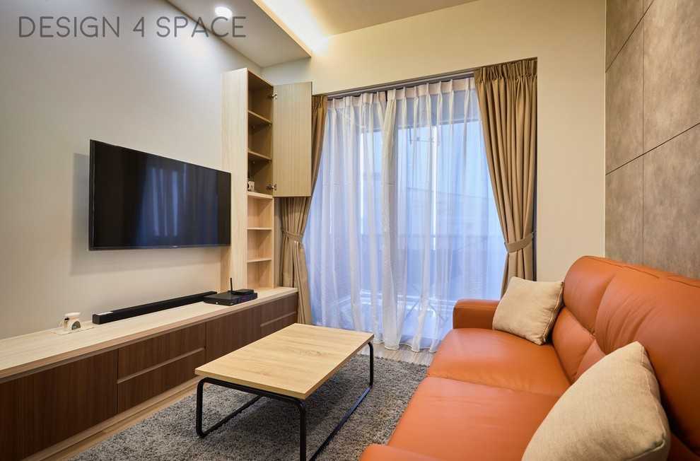 Transitional Living Room with TV Console and Feature Wall