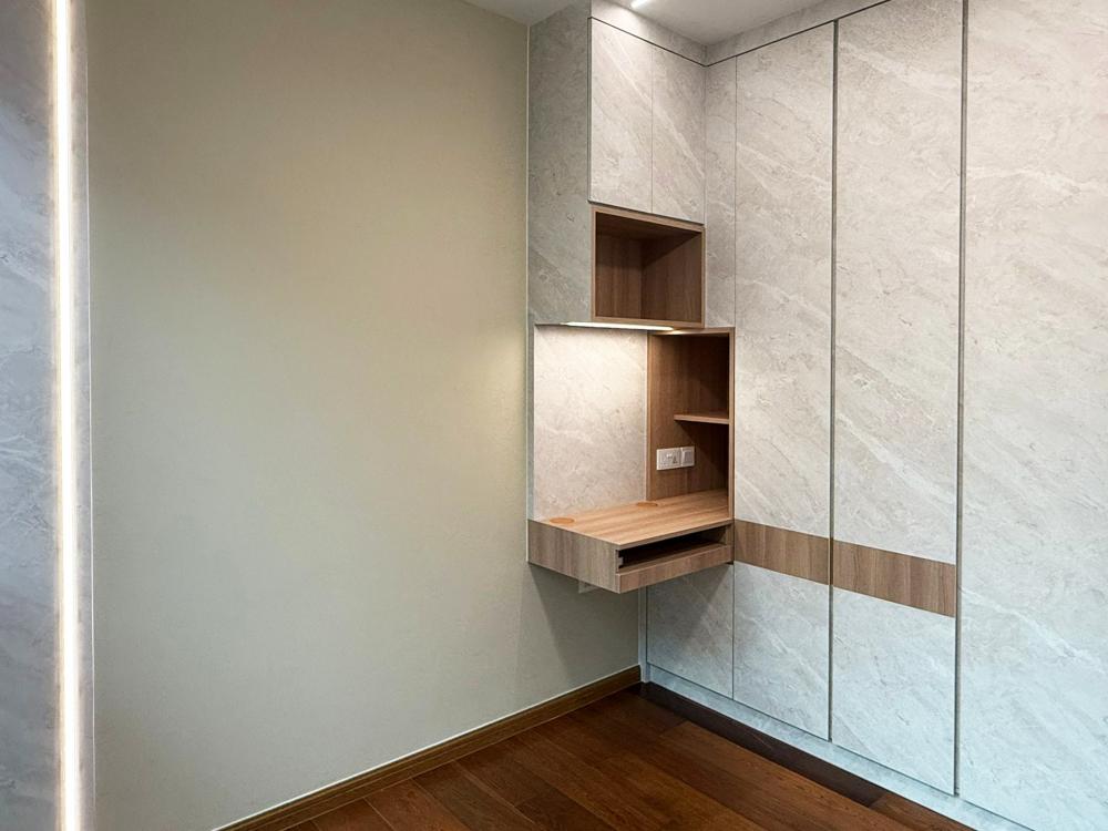 Modern Bedroom with Bookshelf and Platform Bed