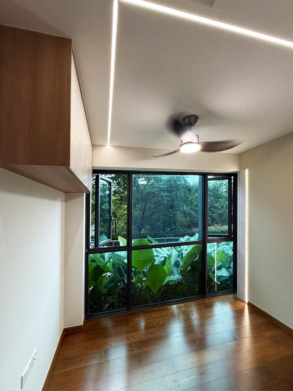 Modern Hallway with Bookshelf and Artwork