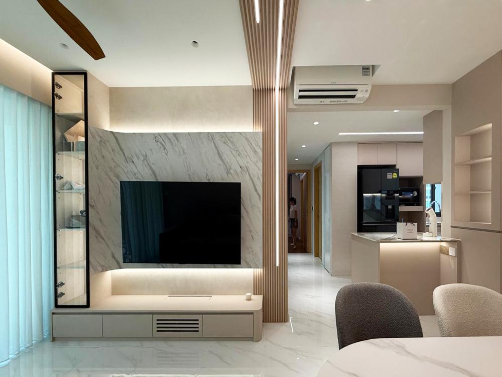 Modern Living Room with Bookshelf and Settee