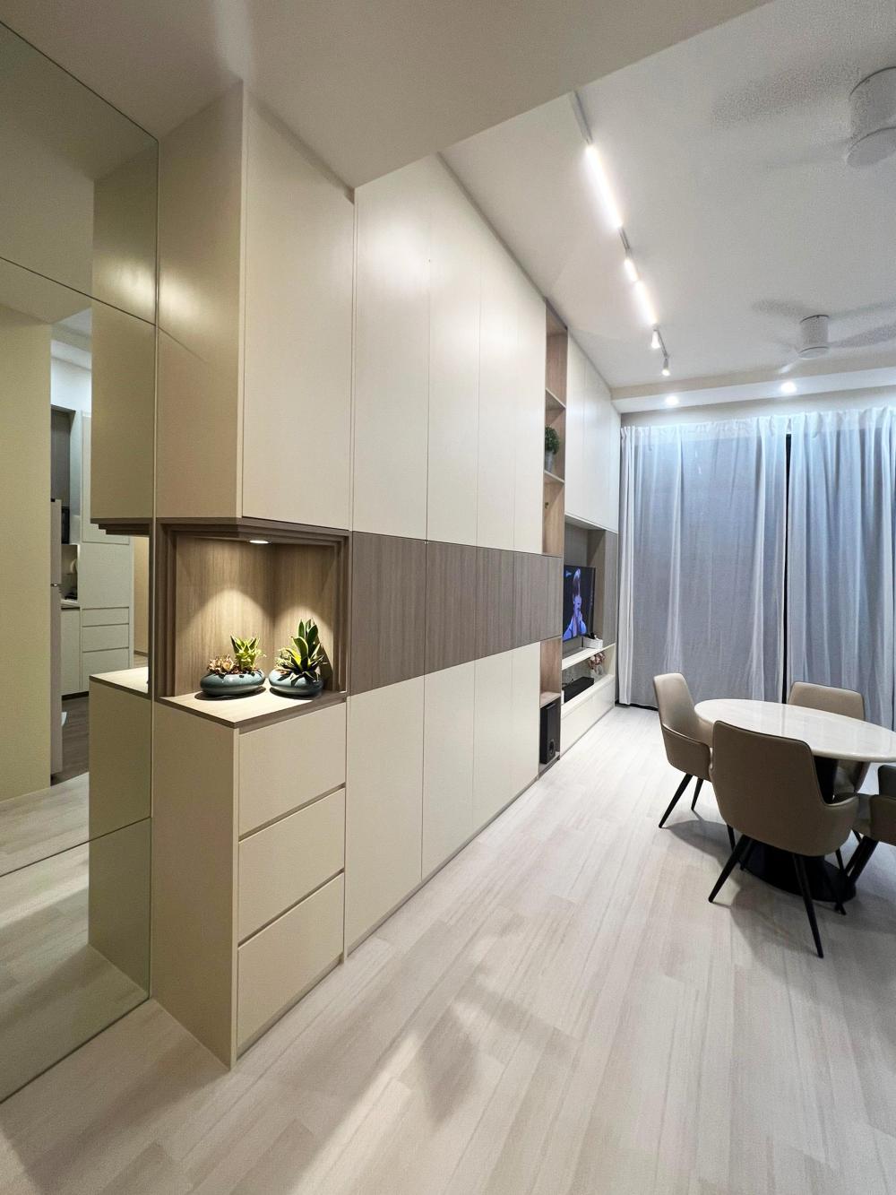 Modern Dining Room with Cove Lighting and Drop Ceiling