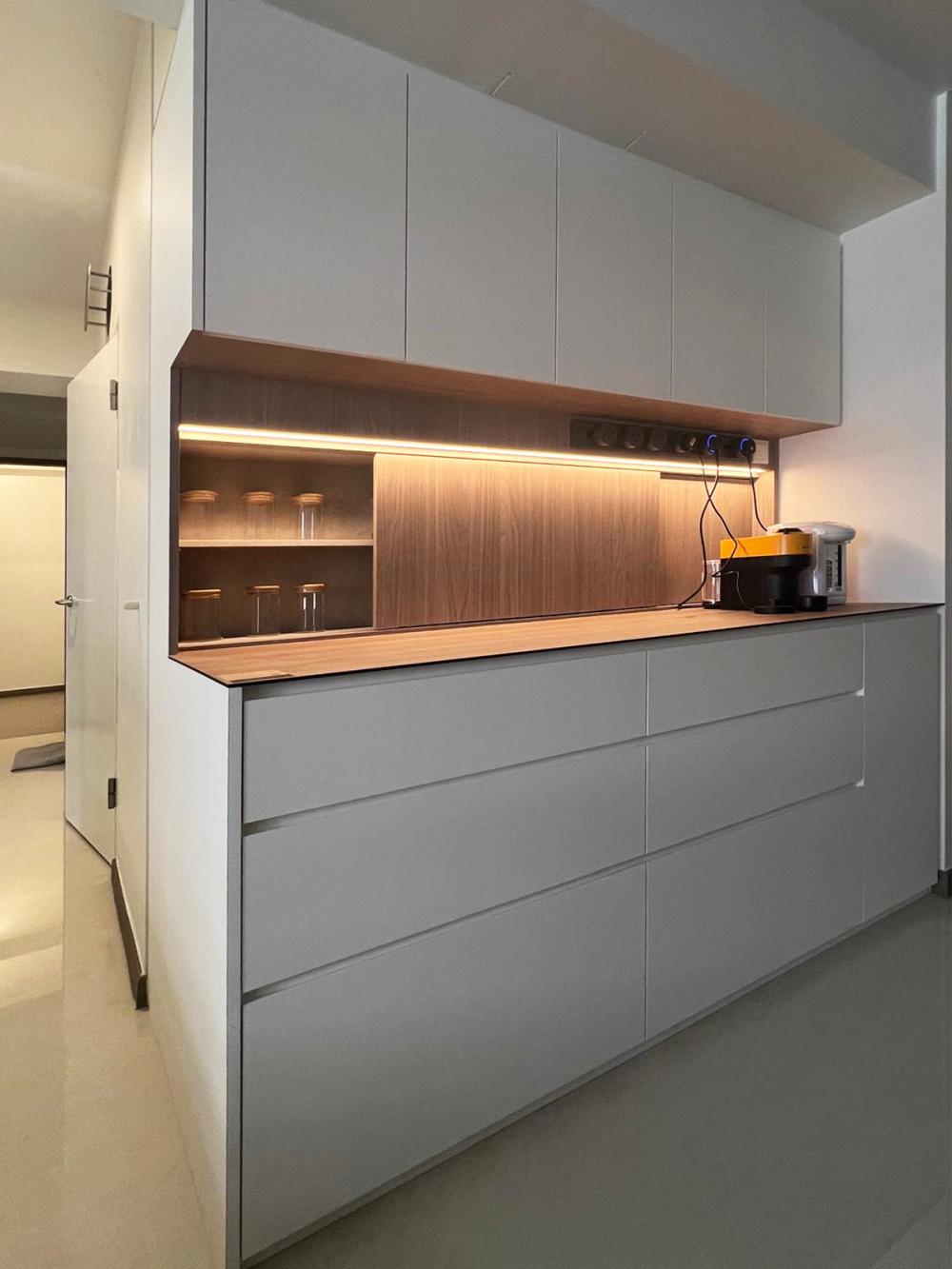 Modern Pantry with Kitchen Island and Console Table