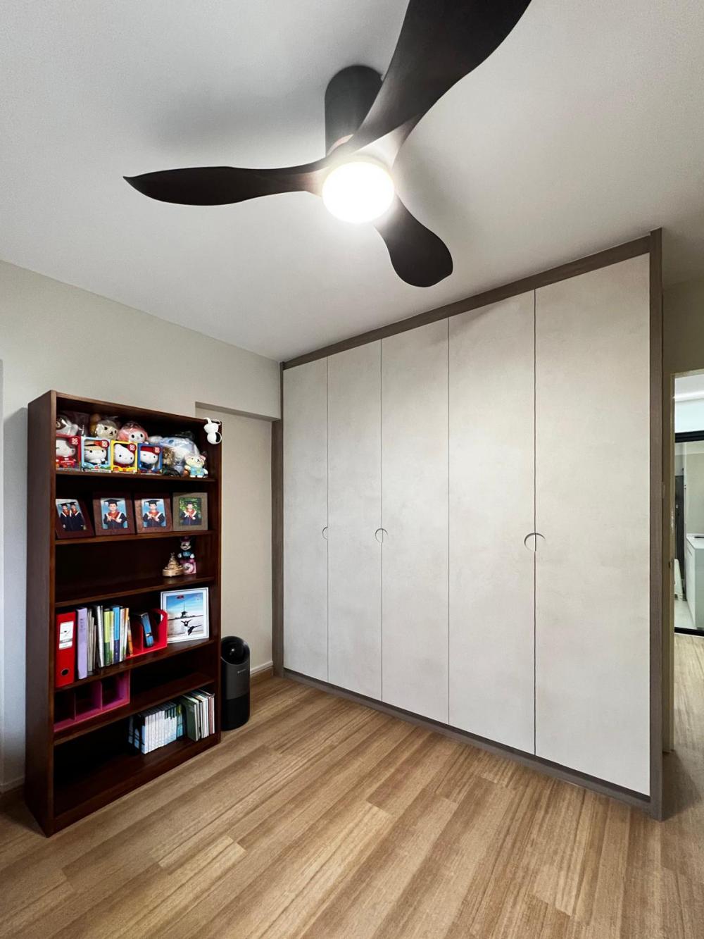 Modern Bedroom with Cement Floor and Bay Window