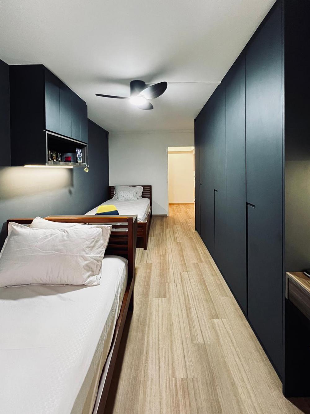Modern Bedroom with Bookshelf and Platform Bed