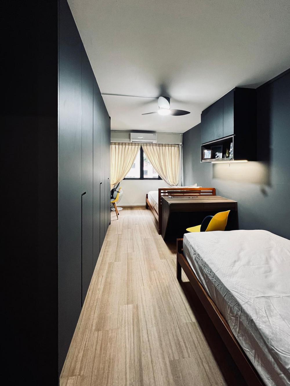 Modern Bedroom with Bookshelf and Platform Bed