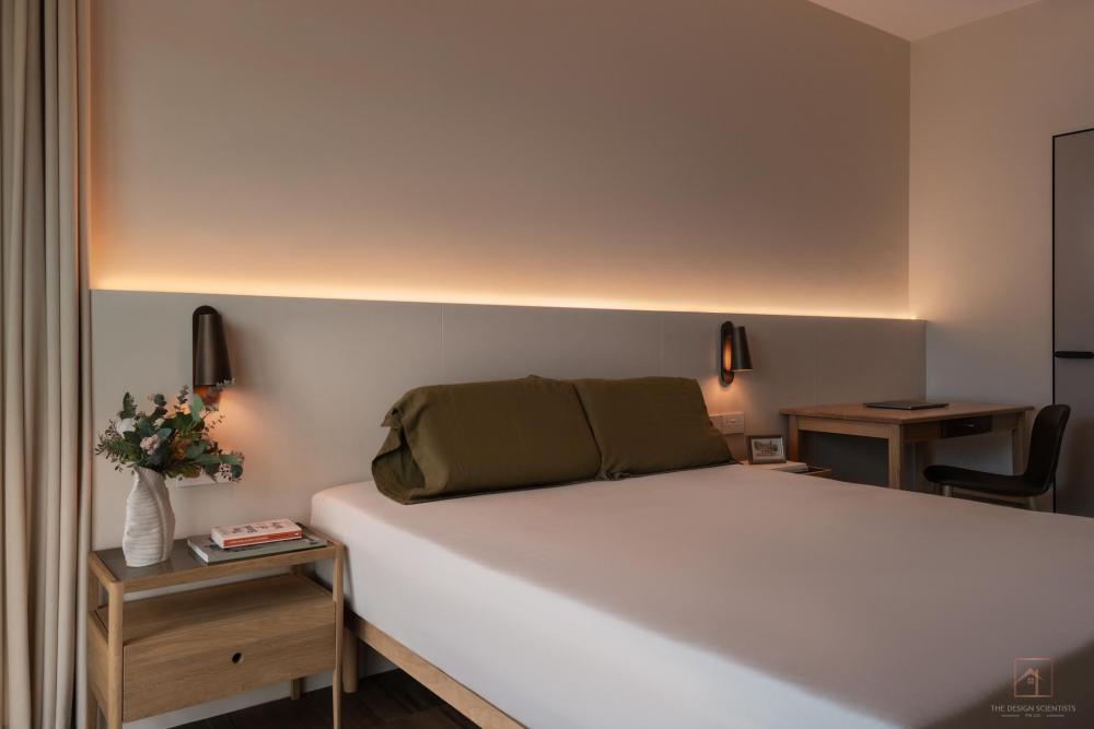Modern Bedroom with Cove Lighting and Bedside Table